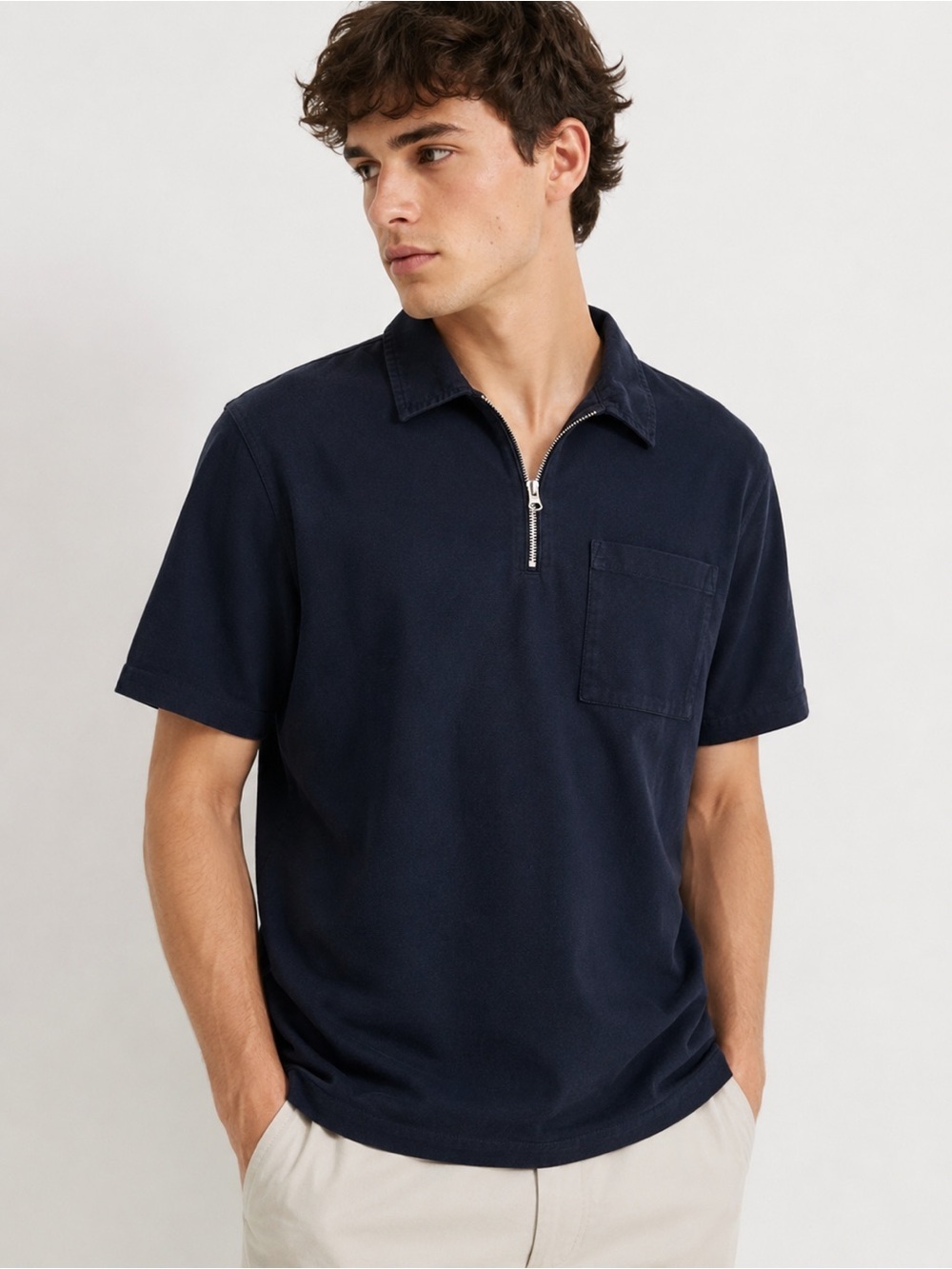 Topman Navy Linen Blend Quarter Zip Polo Shirt Men’s Large Casual Short Sleeve